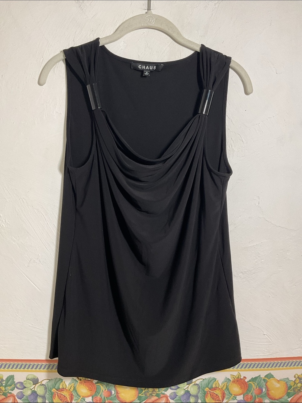 Chaus Black Cowl Neck Sleeveless Top Metallic Hardware Slide Accent Size S